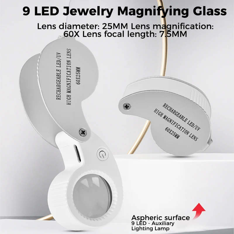Jewelry Magnifier Rechargeable Jewelry Magnifier 40X 60X Foldable Magnifying Glass With UV LED Lights Illuminated Magnifier For Jewelers Gems Coin