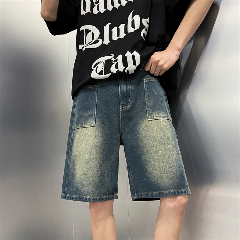 Men's Short Jeans Pants Cargo Baggy Drawstring Male Denim Shorts with Pockets Wide Loose Original Cowboy Buttons Jorts Sale A160