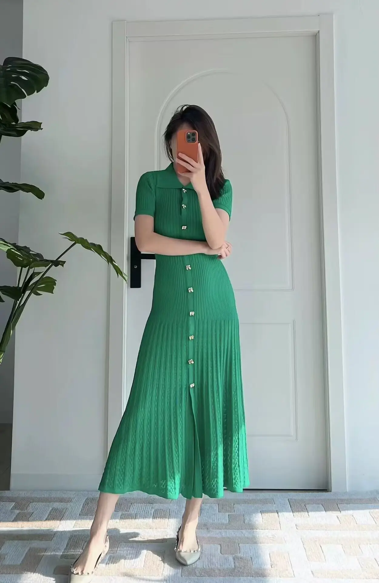 

2024 New Women Green Knit Midi Dress Single-Breasted Short Sleeve Splicing Hollow Out Ladies Knitting Long Robes