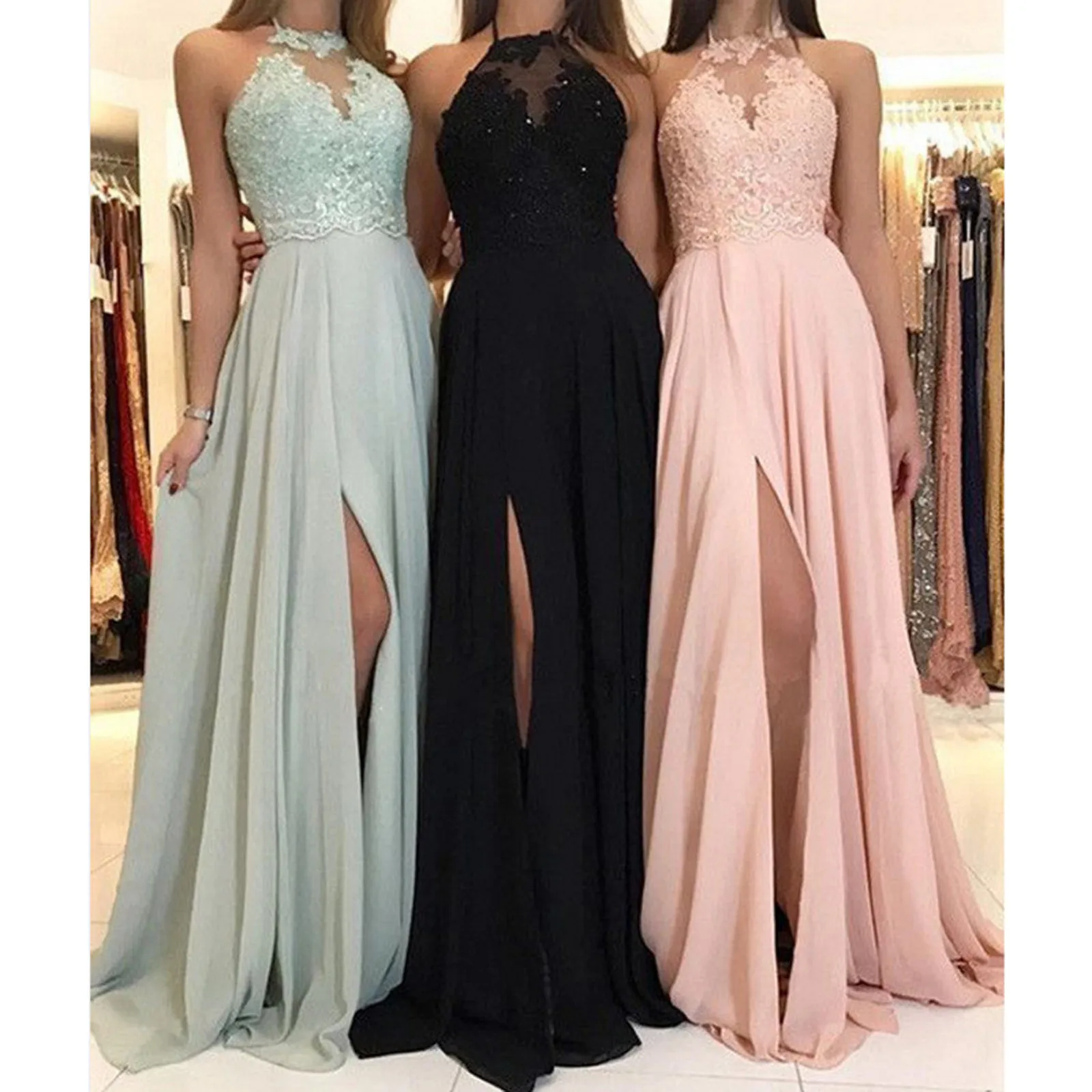 

GUXQD Halter Bridesmaid Dresses Backless Sexy Side Slit Applique Chiffon Vestido Da Dama De Honra Formal Wedding Party Gowns