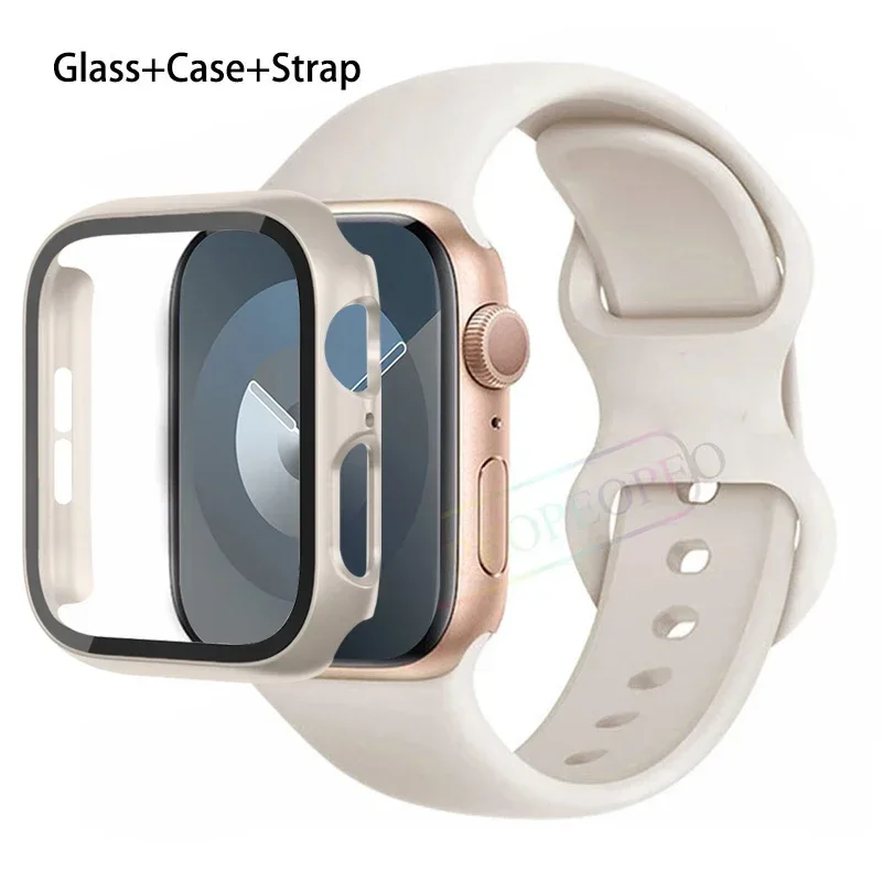 Premium Silicone Apple Watch Band with Glass Case and Strap - Compatible with All Series