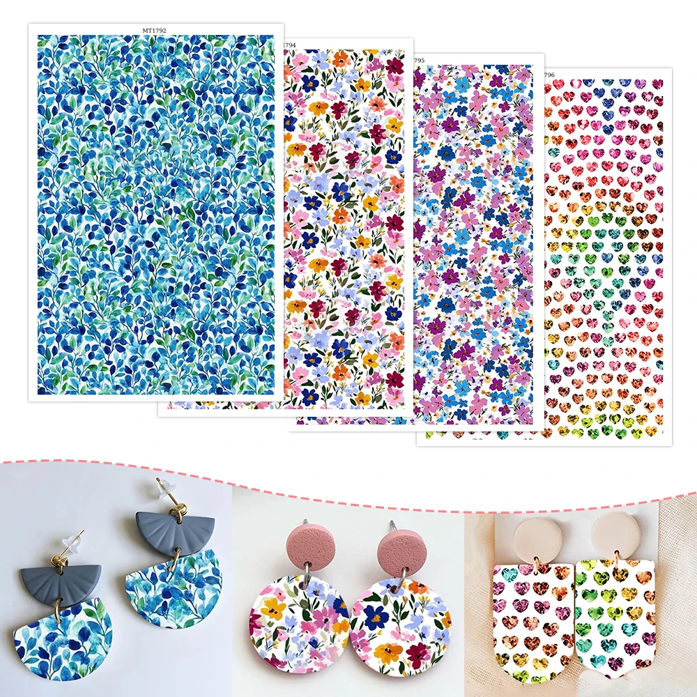 폴리머 클레이용 수채화 꽃무늬 수전사지, DIY 귀걸이용 꽃&하트 패턴 클레이 전사 시트