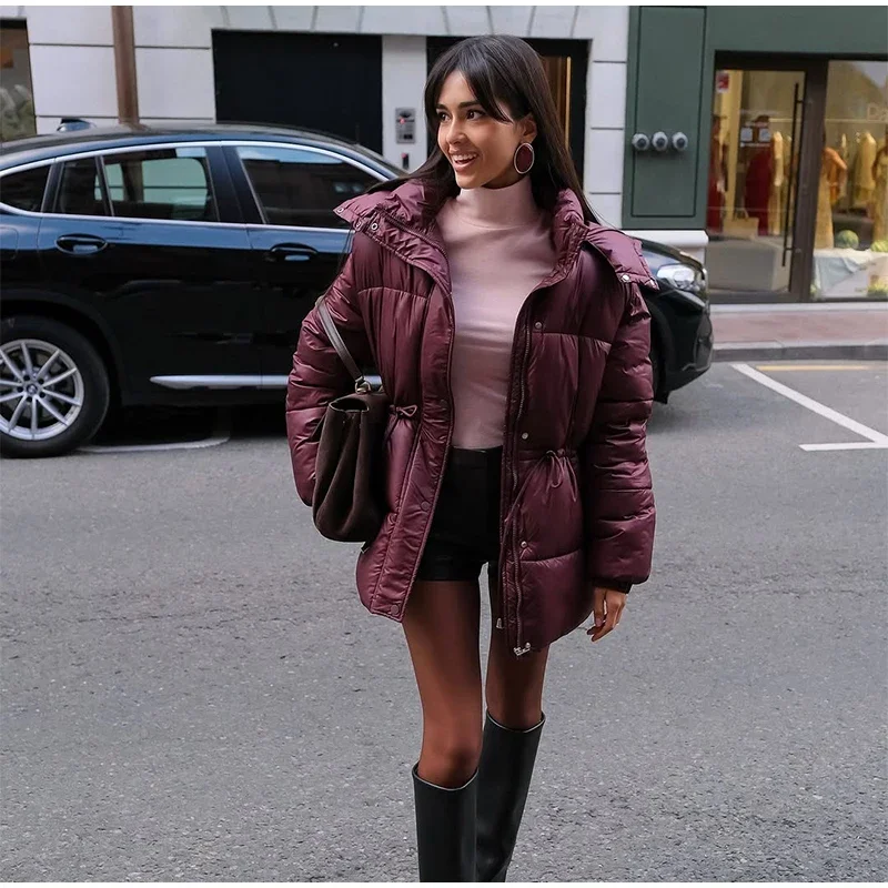Women Solid Thicken Cotton Outwears Casual Stand Collar Zipper Long Sleeves Lace Up Detachable Hat Coat Winter Lady Warm Jackrts