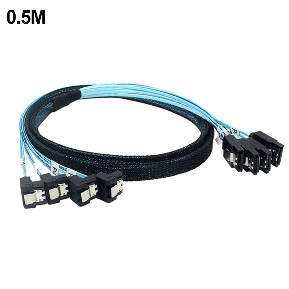 90° SATA 3.0 Mini SAS Cable - 6Gbps, 4 SATA to 4 SATA Male to Male, 7 Pin SSD Hard Disk Drive Data Cable Description Image.