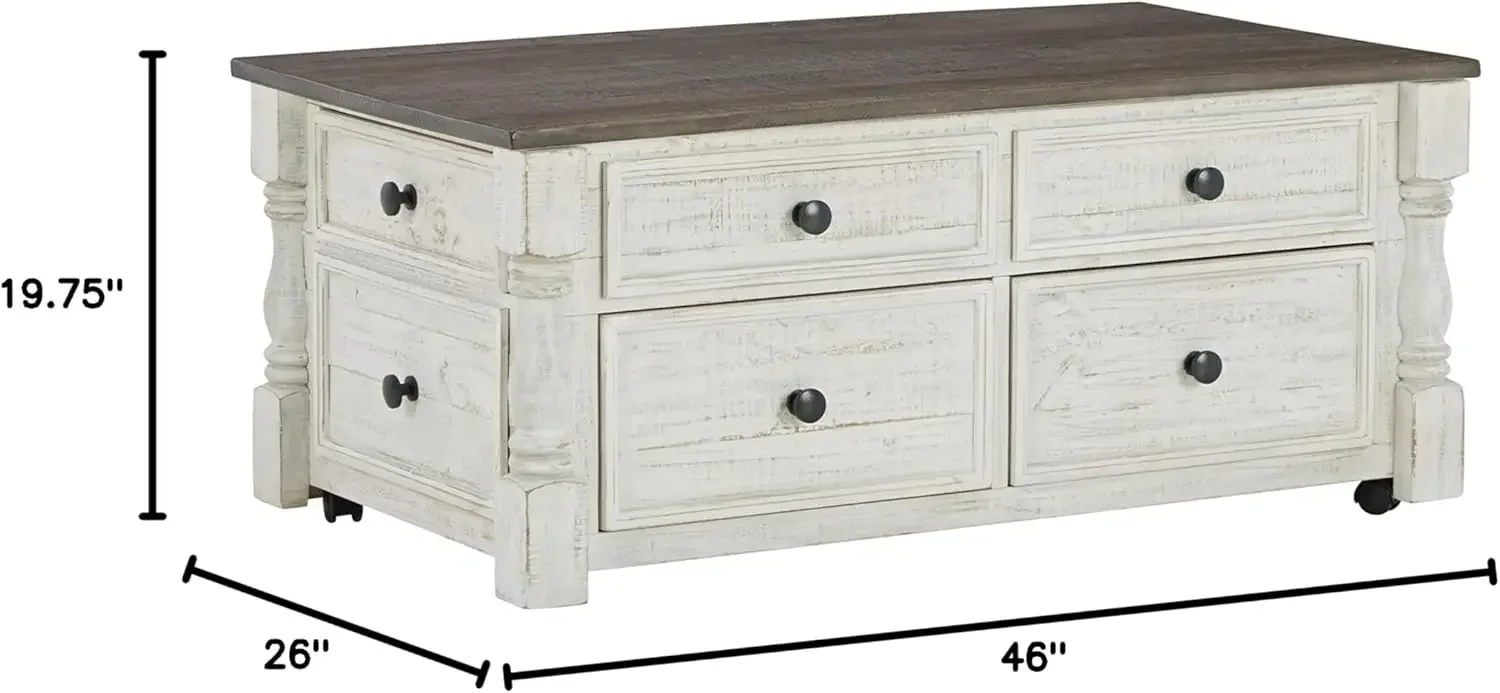 Havalance Farmhouse Lift Top Coffee Table with 4 Storage Drawers and Small Storage Tray, Whitewash