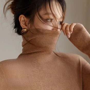 Zjaiss Women's Turtleneck Sweater 2025 Pullovers Autumn Winter Korean Slim Long Sleeve Solid Simple Basic Knit Thick Warm Top