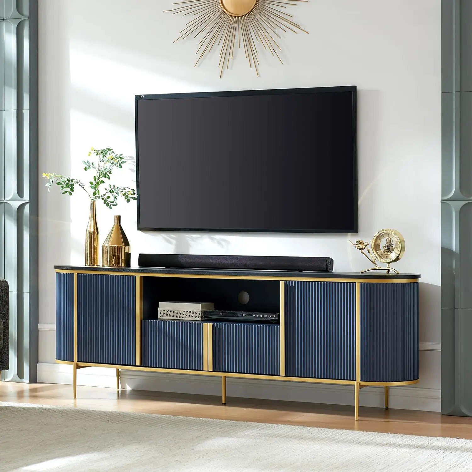 Luxury 70" Fluted TV Stand,  TVs Up to 80 inches, TV Console with Faux Marble Top, Media Console for Living Room, Navy Blue