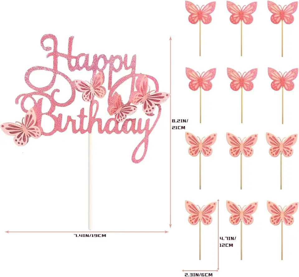 20 Decorazioni Per Torta A Forma Di Farfalla, Rosa, Dimensioni Miste, Con Topper 'Buon Compleanno', Per Torte E Cupcake