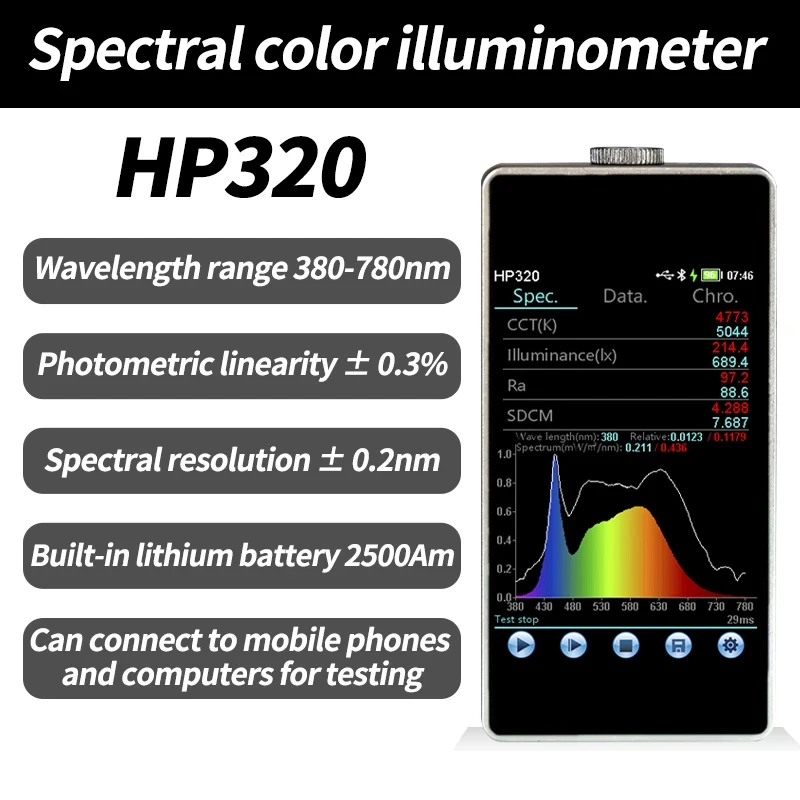 HP320 Spectrometer Illuminance Meter 380-780nm Wavelength Illuminance Color Rendering Index