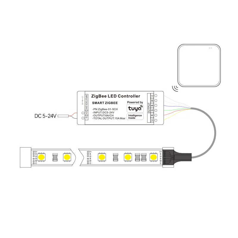 Фото Контроллер Zigbee RGBCCT, 15 А, 5-24 В, 12 В, 180 Вт, Alexa, 5 каналов, RGBWC, RGBCW, цветовая температура, RGB + CCT контроллер светодиодной ленты №4