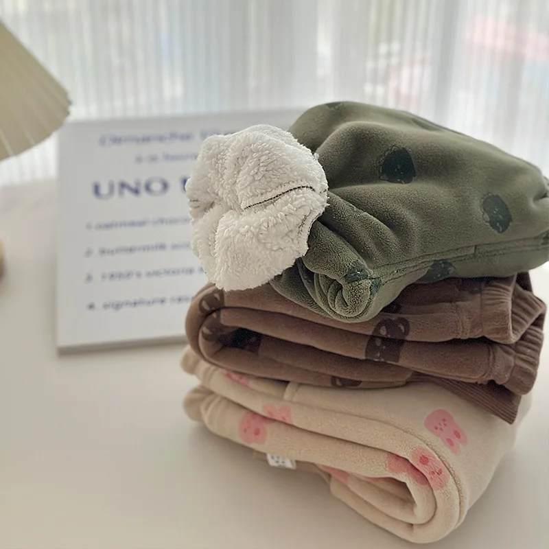 Korean version of autumn and winter cotton cartoon pattern for boys and girls, plush warm loose casual Harlan pants