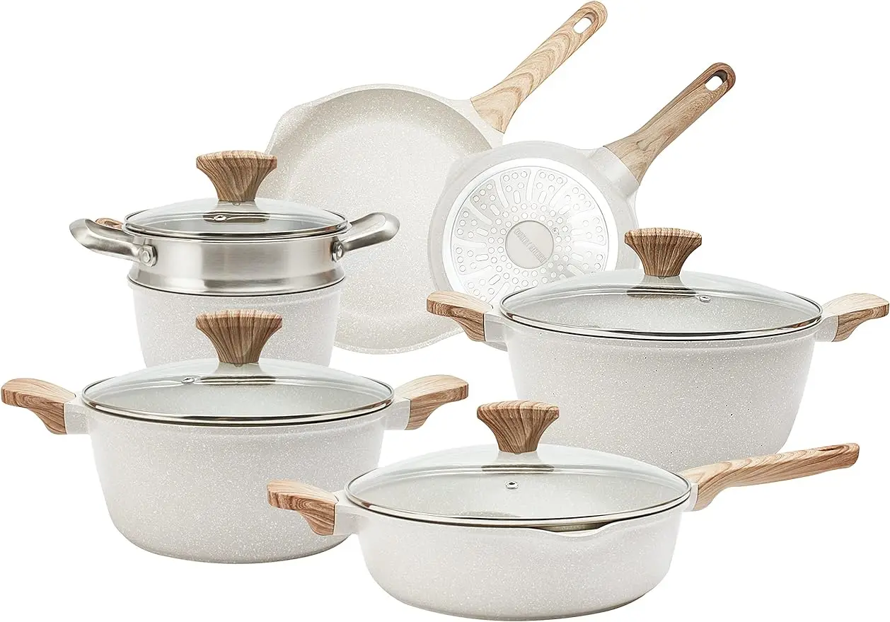 

Nonstick Induction Cookware Sets - 11 Piece Cast Aluminum Pots and Pans with BAKELITE Handles and Glass Lids -Cream