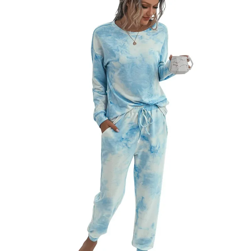 Womens Tie Dye Printed Long Sleeve Tops and Pants Long Pajamas Set Joggers PJ Sets Nightwear Loungewear