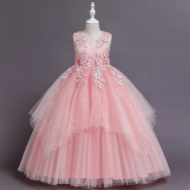 Children's princess dress lace one-shoulder long dress flower girl wedding lace beaded party princess flower girl dresses