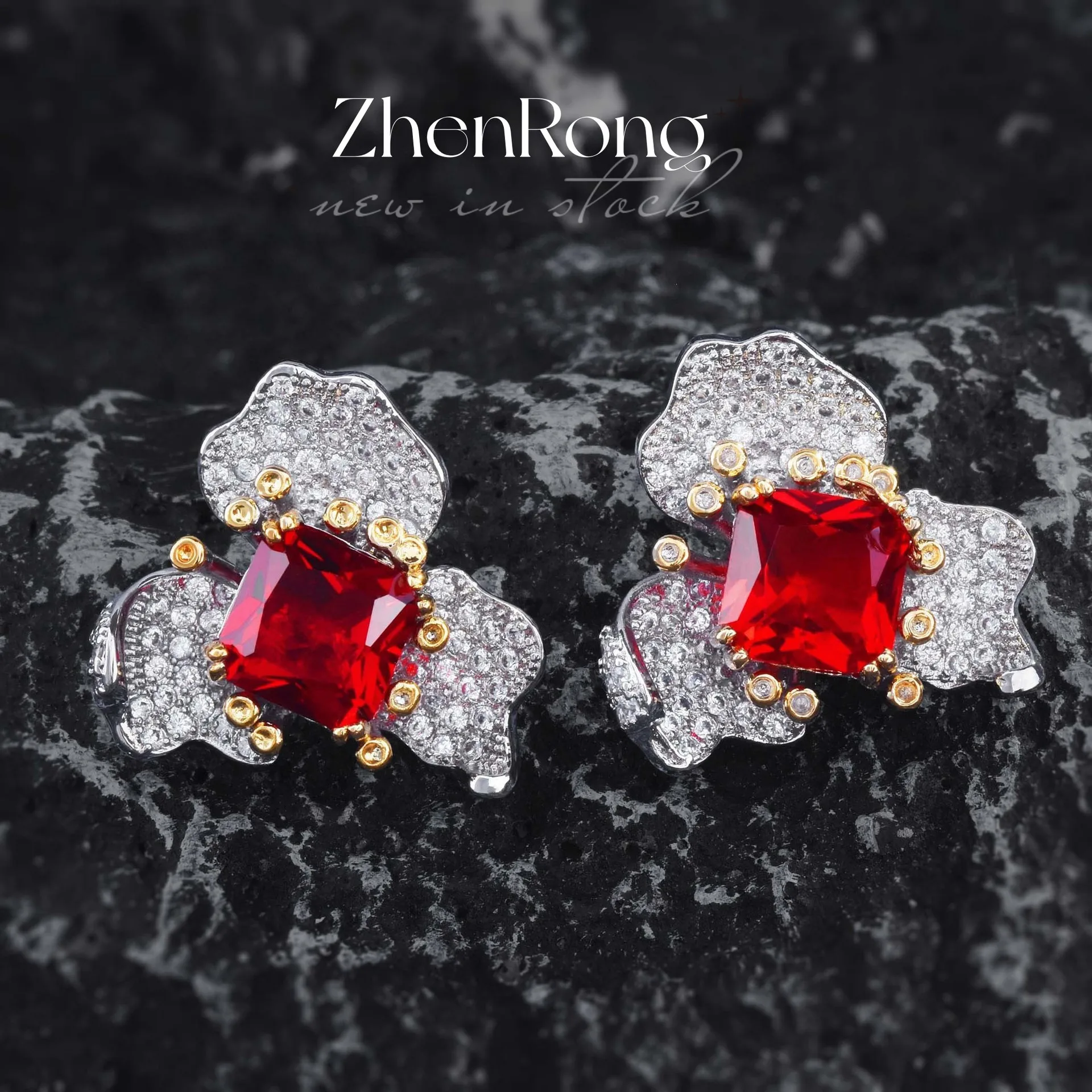 

Fashion 925 Silver Needle Earrings Dazzling Lab Ruby Stone Flower Drop Earring Women's Luxury Wedding Banquet Party Jewelry