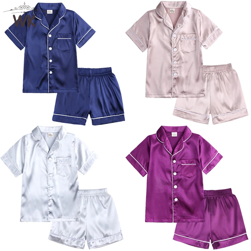 Toddler Baby Silk Satin Pajamas Set Kids Long Sleeve Button Down Top Pant Nightwear Girls Boys