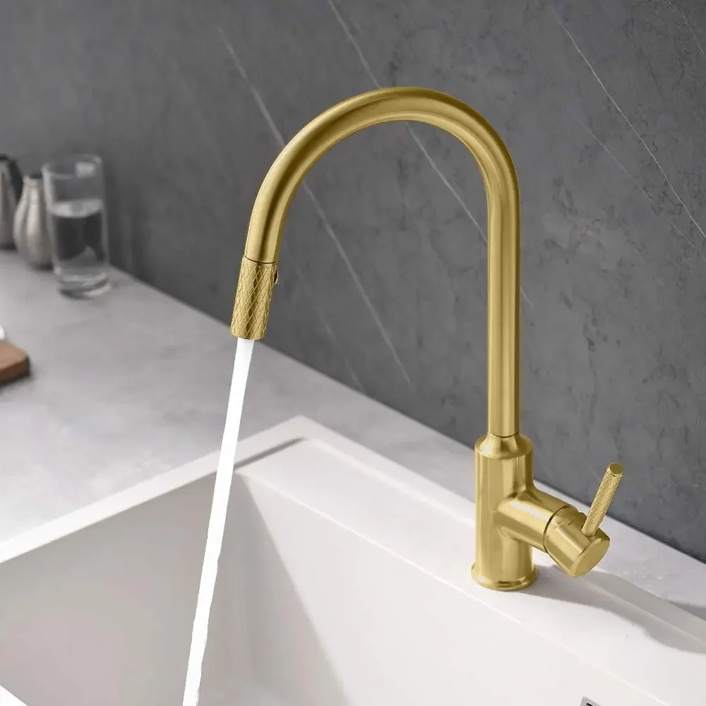 Brushed Gold/Black Brass Kitchen Faucet Kitchen Sink Faucets with Pull Down Sprayer Single Handle Single Hole Kitchen Faucets