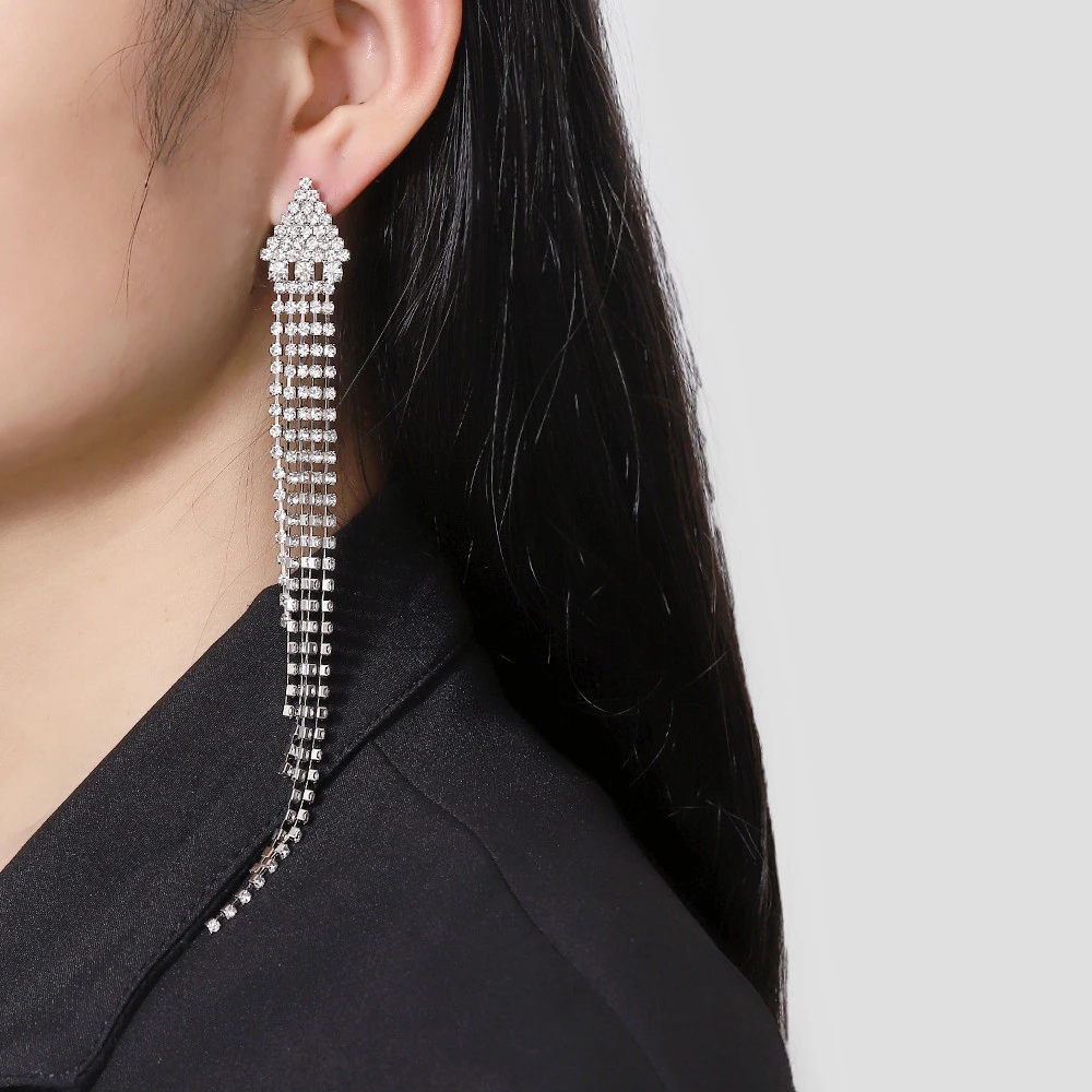 1 Pair Luxury Rhinestone Chain Earrings for Women Ladies Irregular Long and Short Tassel Dangle Earring Female Ear Stud Jewelry