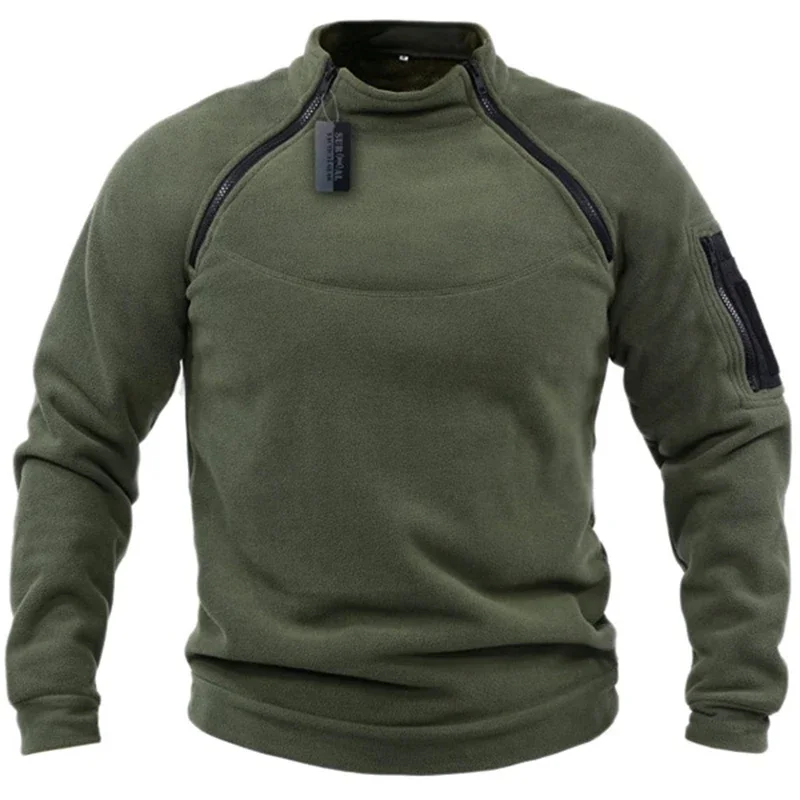 Winter Men's Standing Collar Fleece Pullover Solid Color Tactical Outdoor Jacket Hunting Clothes Zippers Windproof Thicken Coat