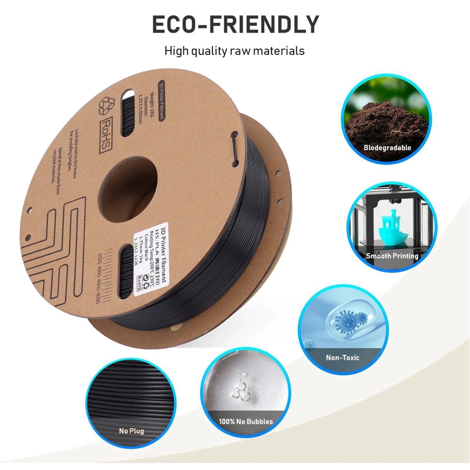 【New】Twotrees PLA Plastic Filament 1KG 1.75mm 3D Printer Filament 30‑600mm/s High Speed Printing Consumable for Ender 3