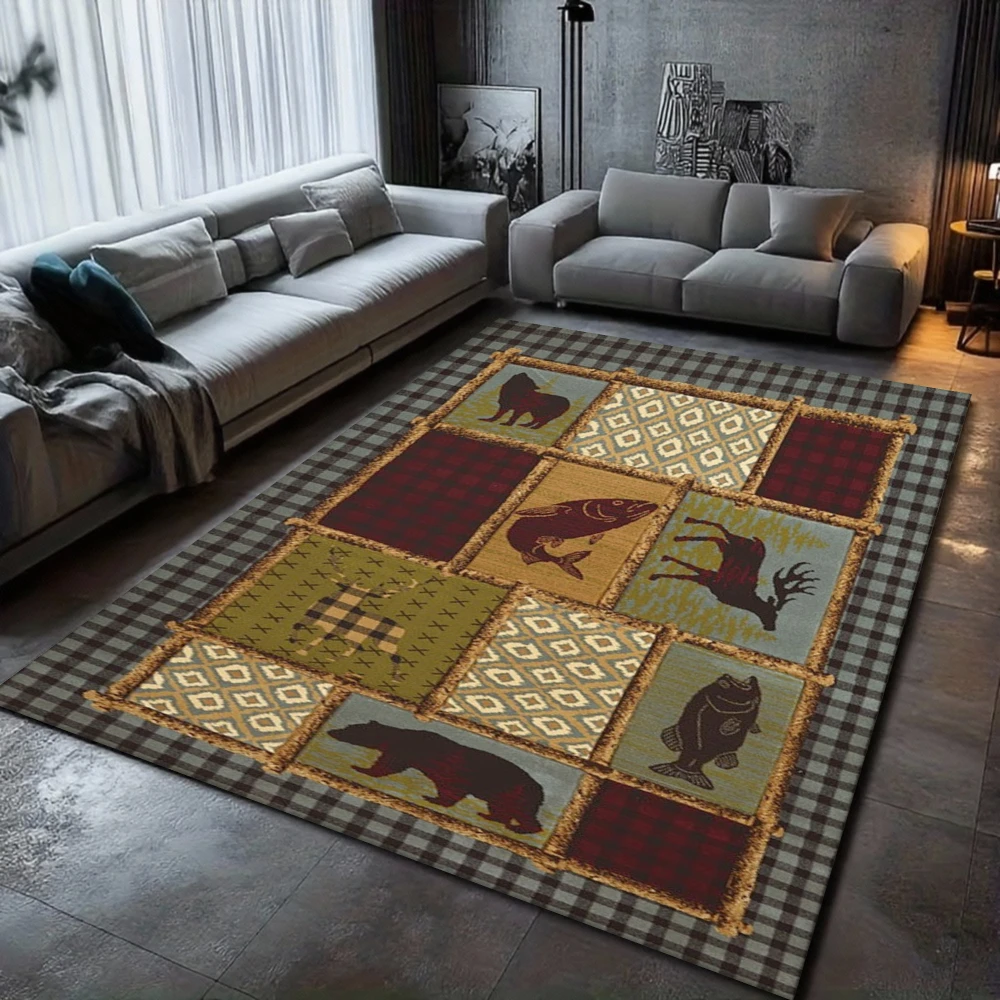 Tapis de sol à motif d'animaux sauvages et naturels, grande surface, à rayures d'ours marron, Design à carreaux multi-animaux, pour salon