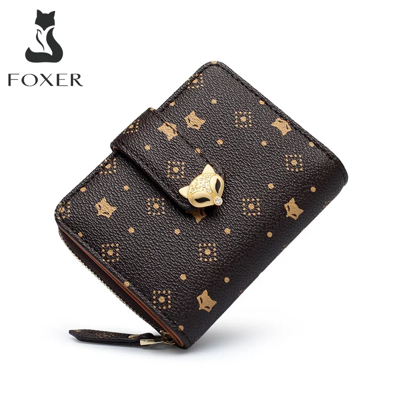 FOXER Brand Classical Women Signature Mini Short Wallet Stylish Lady Money Bag Monogram PVC Wallet Card Holder Female Coin Purse