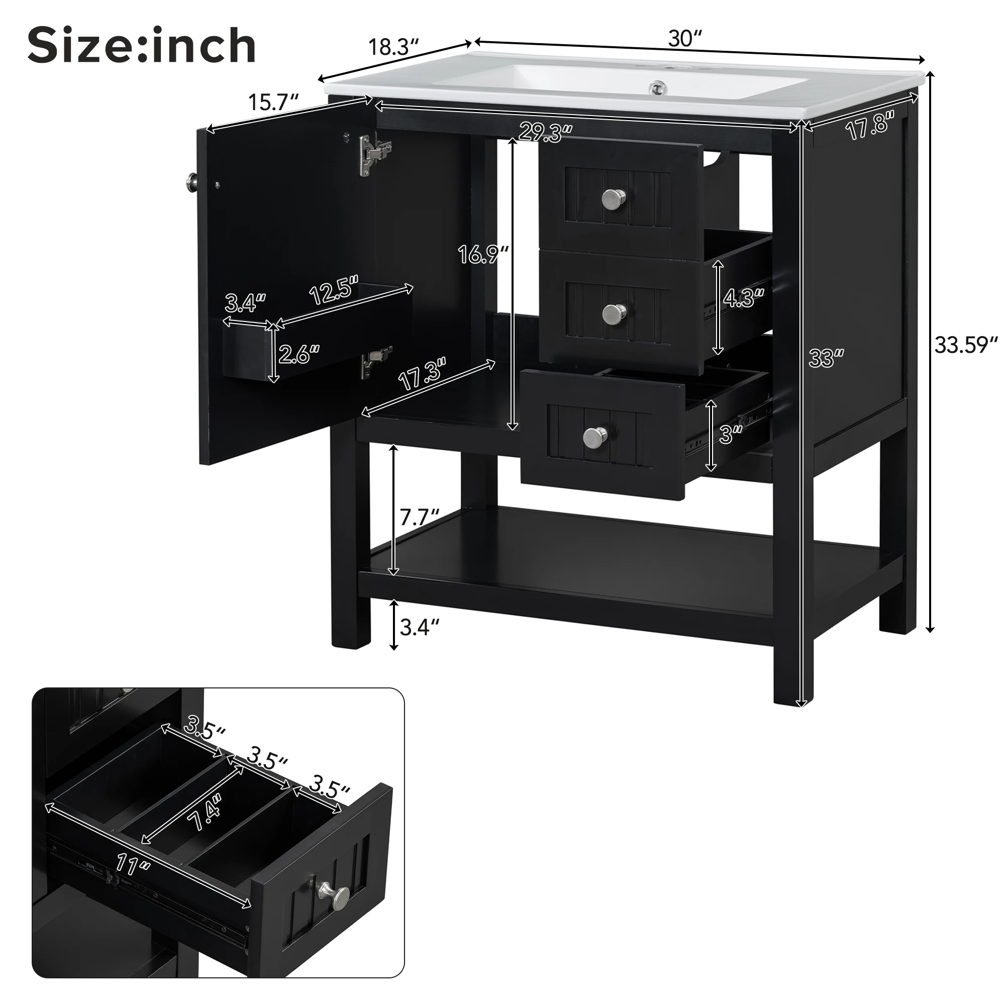30inch Transitional Style Bathroom Vanity Cabinet Combo with Ceramic Sink Soft Close Door 4