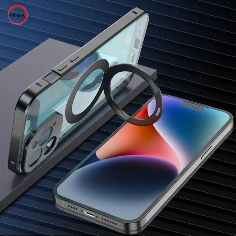 

New All-Inclusive Metal Magnetic Snap Magsafe Phone Case for iPhone 14 13 12 Pro Max Front Glass Frosted PC Stand Back Cover