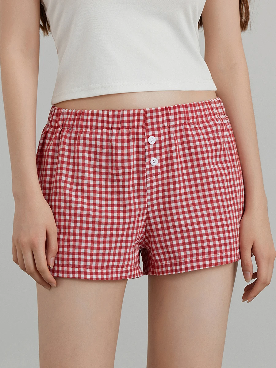 

Women's Summer Lounge Shorts Elastic Waistband Buttons Plaid Short Pants Casual Leisure Sleep Bottoms Streetwear Casual Daily