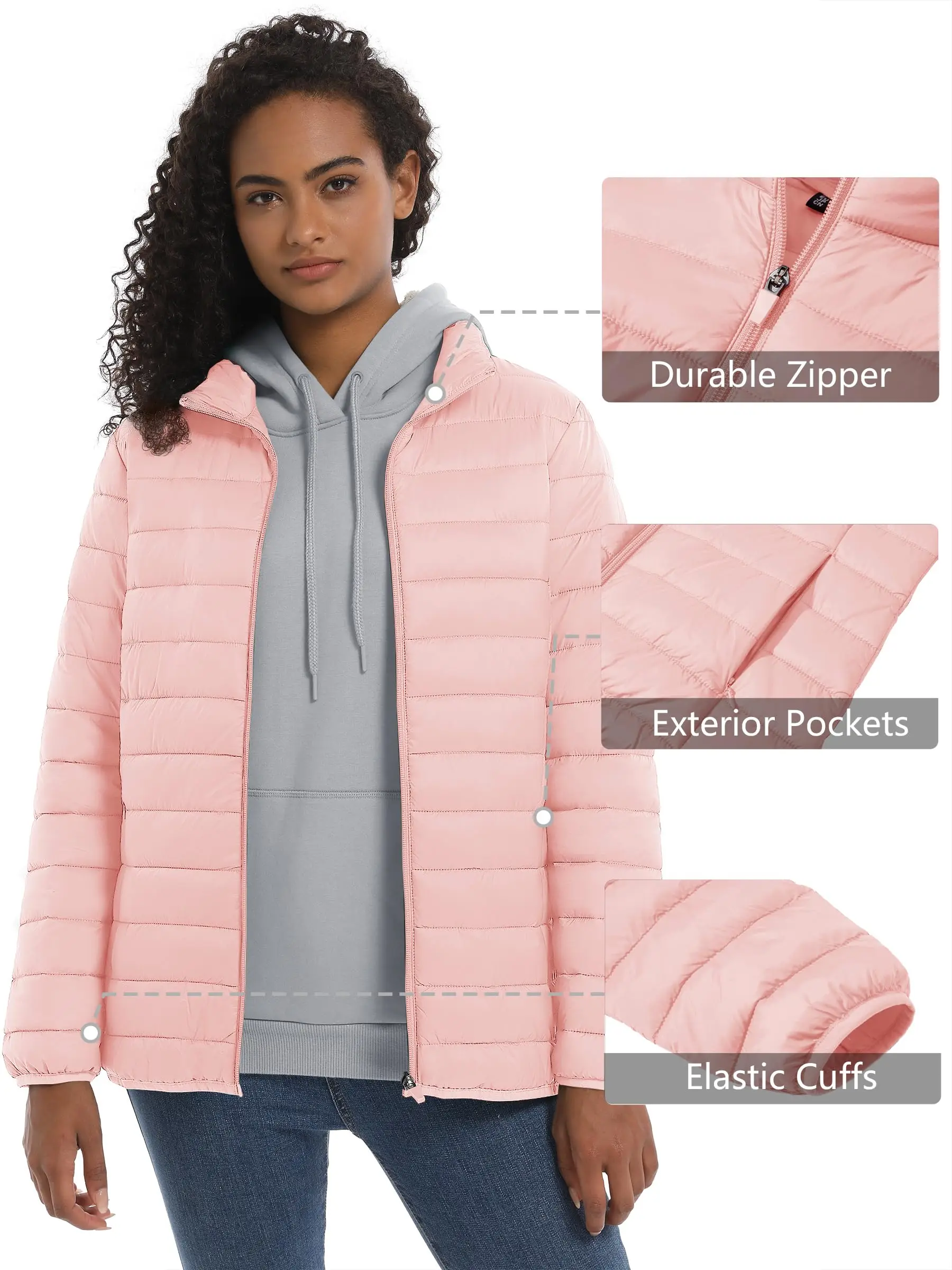 Damen-Pufferjacke mit Stehkragen, durchgehender Reißverschluss, leichte, warme Steppjacke, mehrere Taschen, gepolsterte Herbst-Winter-Outdoor-Jacke – Detail 4