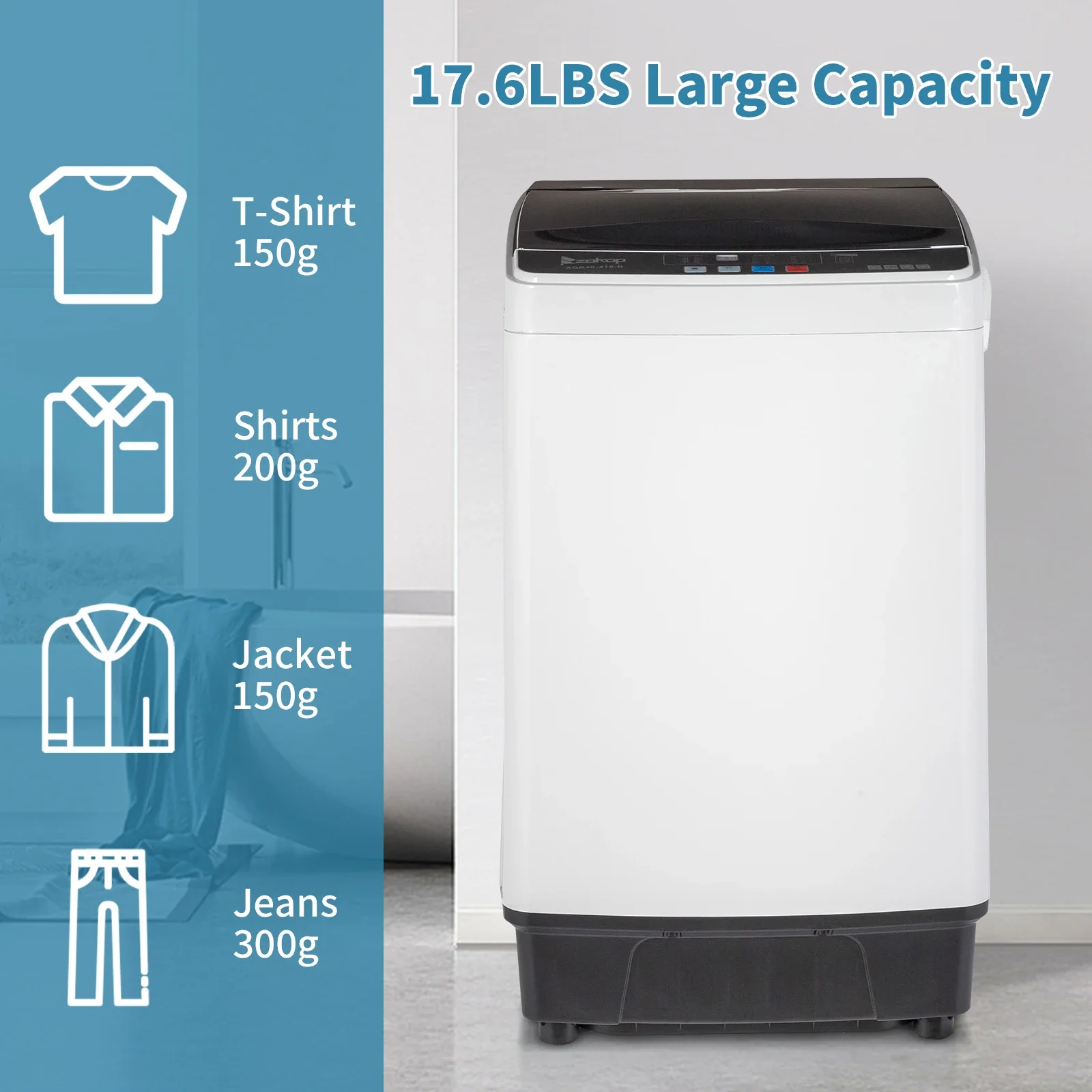 Full-Automatic Top Load Portable Compact Laundry Washer, Spin with Drain Pump, 10 Programs, 8 Water Levels, LED Display. 5