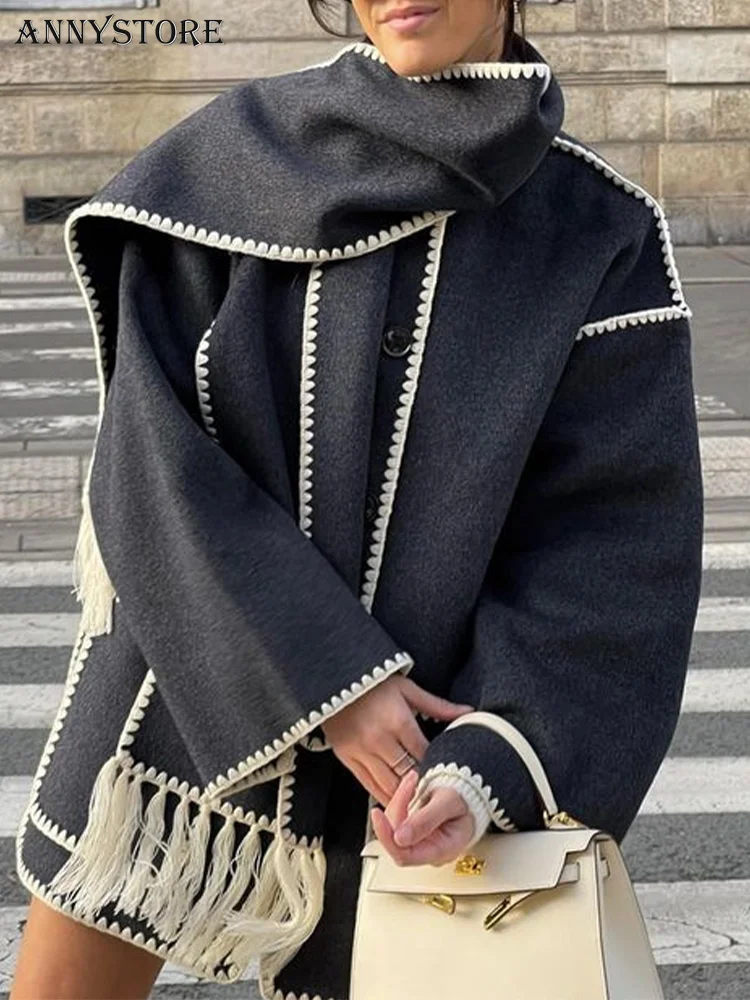 

2023 Winter Single Breasted Thick Outwear Fashion Loose Wool Coat With Scarf Women Elegant Pockets Long Sleeve Warm Jacket Lady