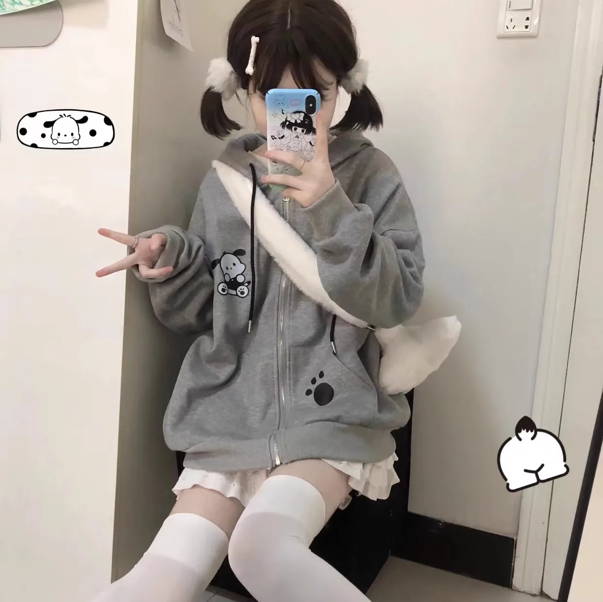 Japanese Cute Loose Long Sleeve Coat Kawaii Sweet Gray