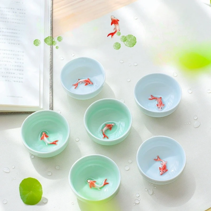 Tea Cup Porcelain Celadon Fish Teacup Small Carp Teacups Kung Fu Teaware Accessories Personalised Ceramic Oolong Tea Tasting Utensils