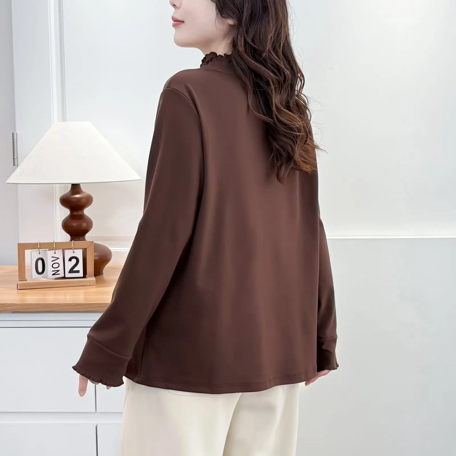 XXXXL Fashion Plus Size Women's T-Shirt Autumn Winter Stylish Double Ruffled Collar Long Sleeve DE Velvet Warm Base Tops 2587