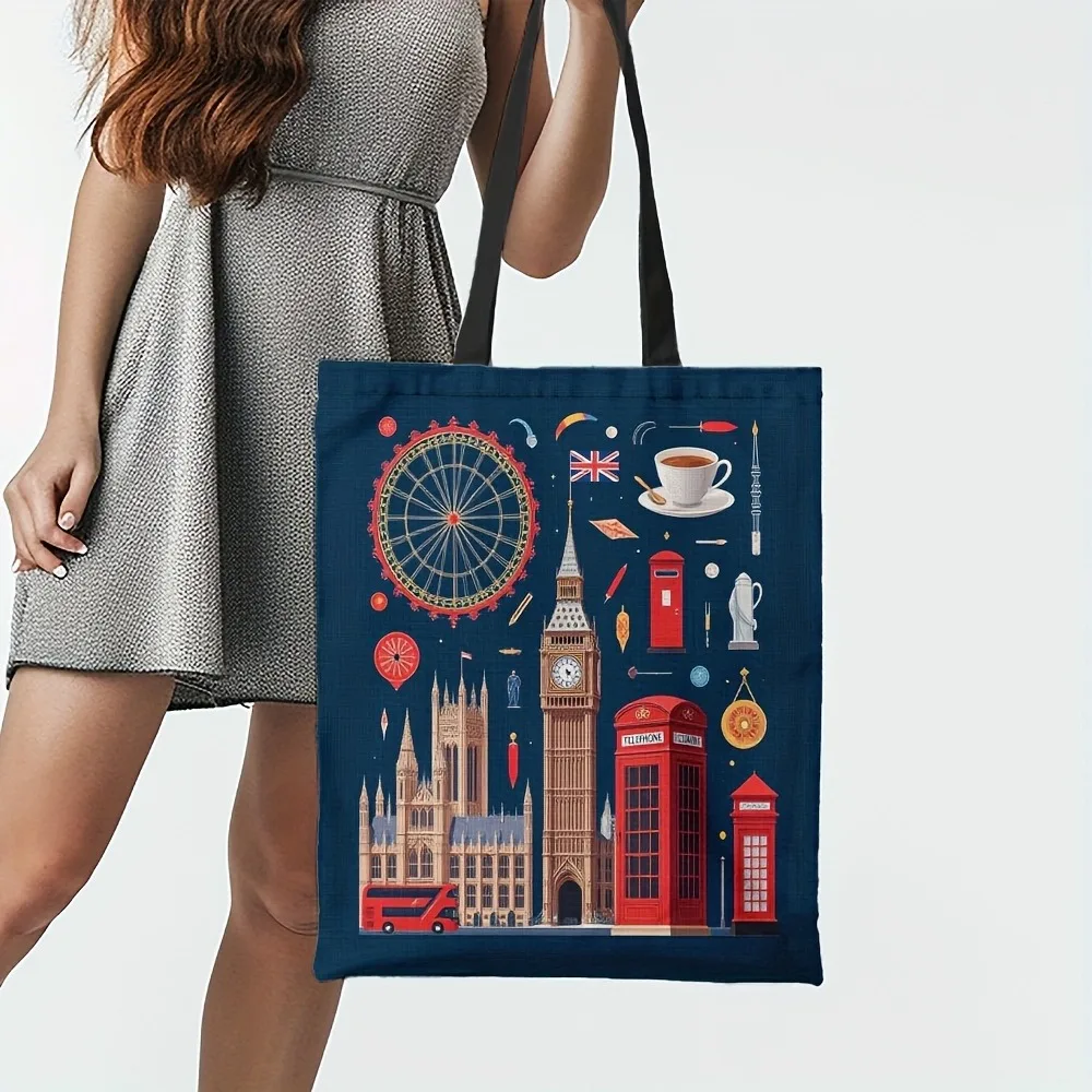 London-Themed Reusable Canvas Shopping Tote with Large Capacity