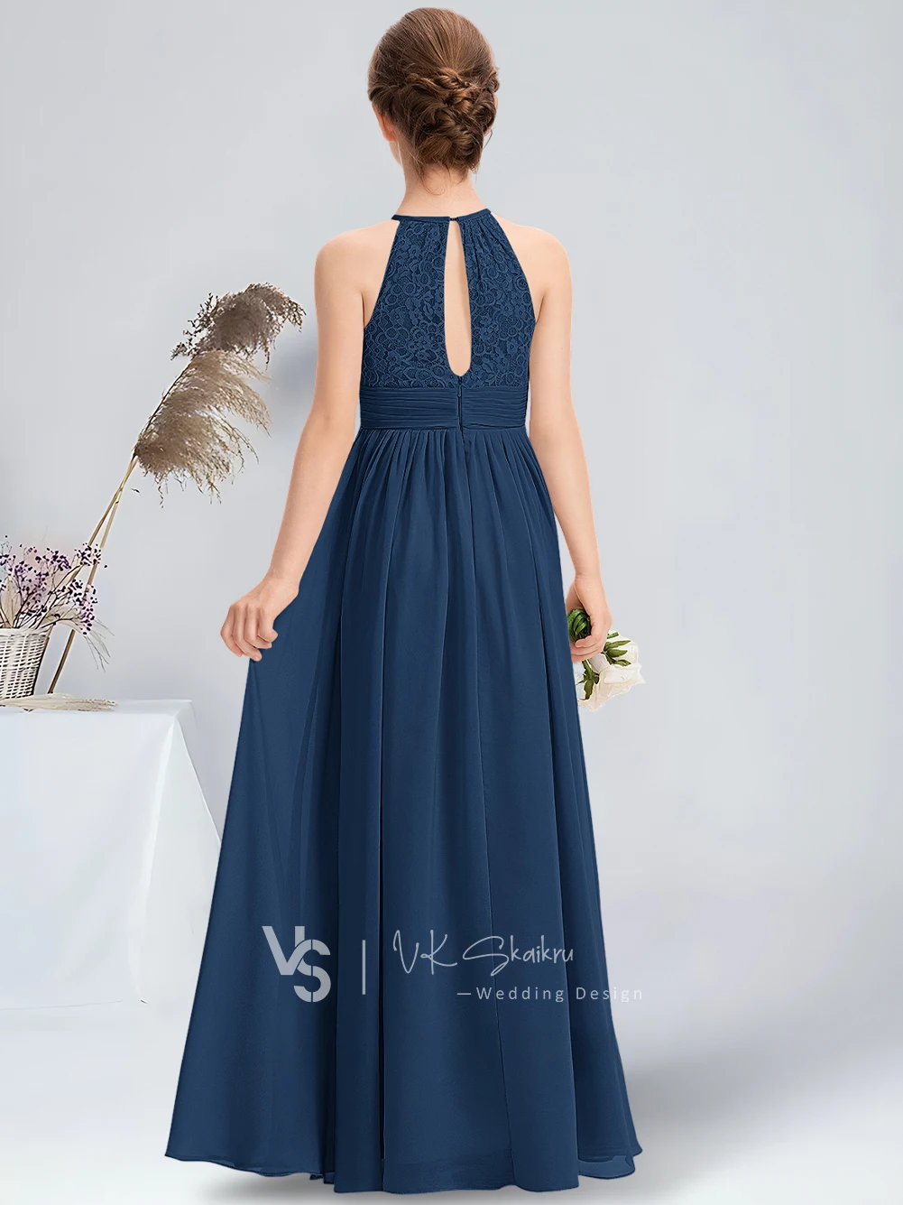 Halter Lace Junior Bridesmaid Dresses A-line Halter Floor-Length
