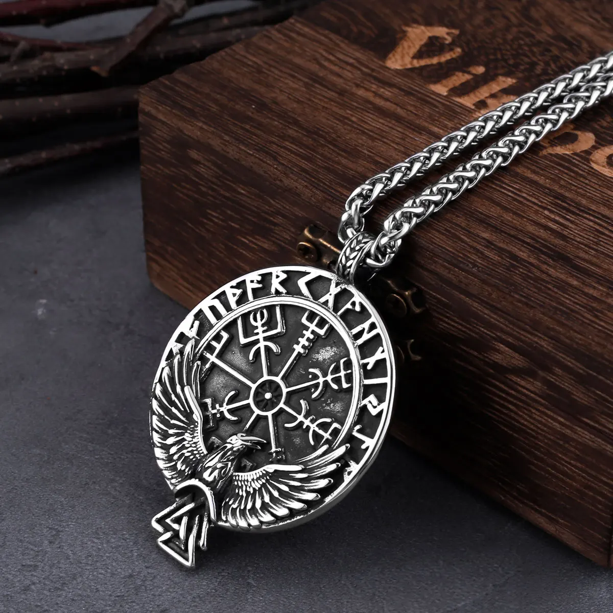 Mens Nordic Viking Compass Odin Raven Pendant Necklace Vintage