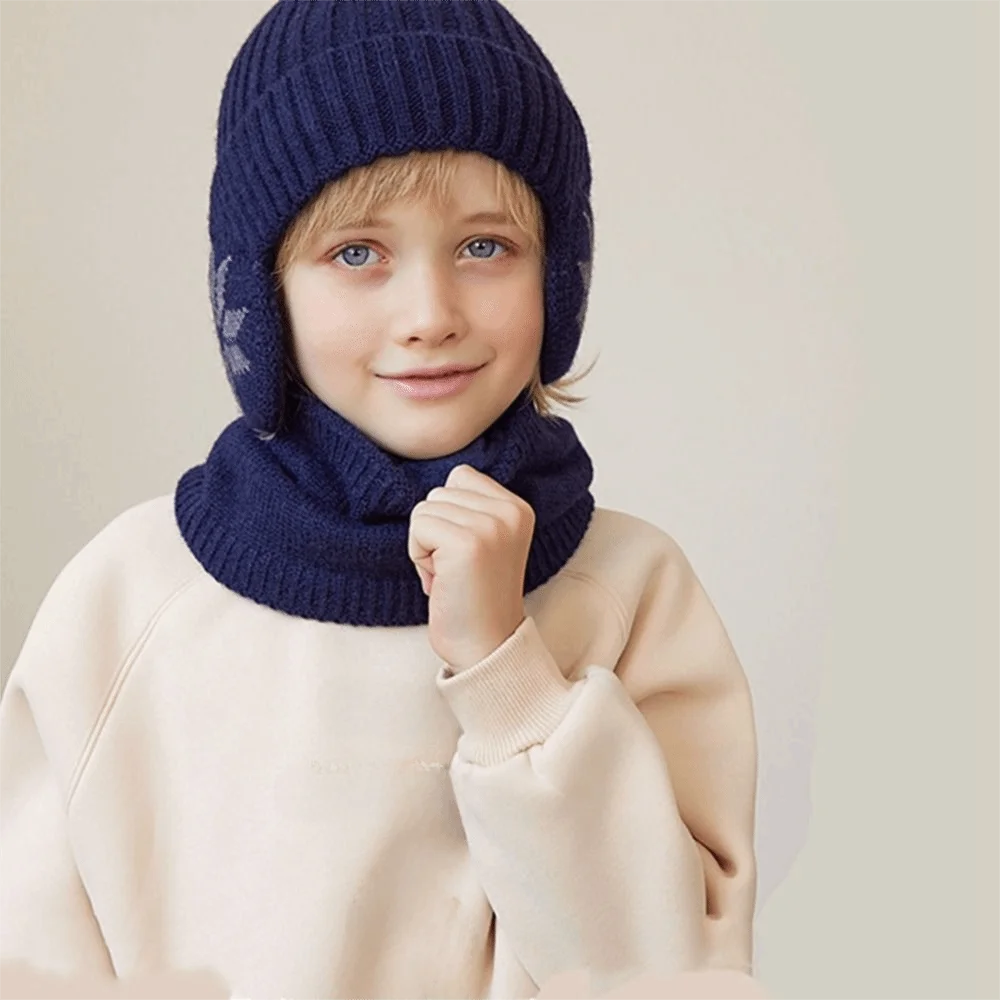 2pcs Soft Solid Color Ear Protection Wool Caps Coldproof Earflap Scarf Hat Set Plush Windproof Pullover Hat Children