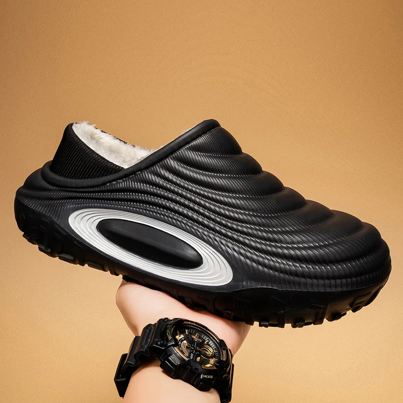 Fashion Men Slippers Winter Waterproof Non-slip Cotton Shoes Outdoor Indoor Couple Plush Warm Casual Shoes Platform Half Shoes