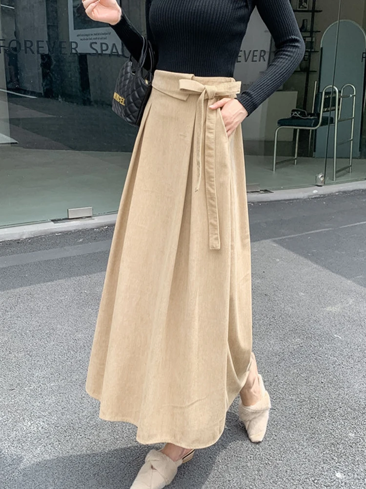 

Corduroy Long Skirt Women Autumn Winter Skirts Female Vintage Thick High Waist Skirt Ladies Elegant Fashion Lace-Up Skirts