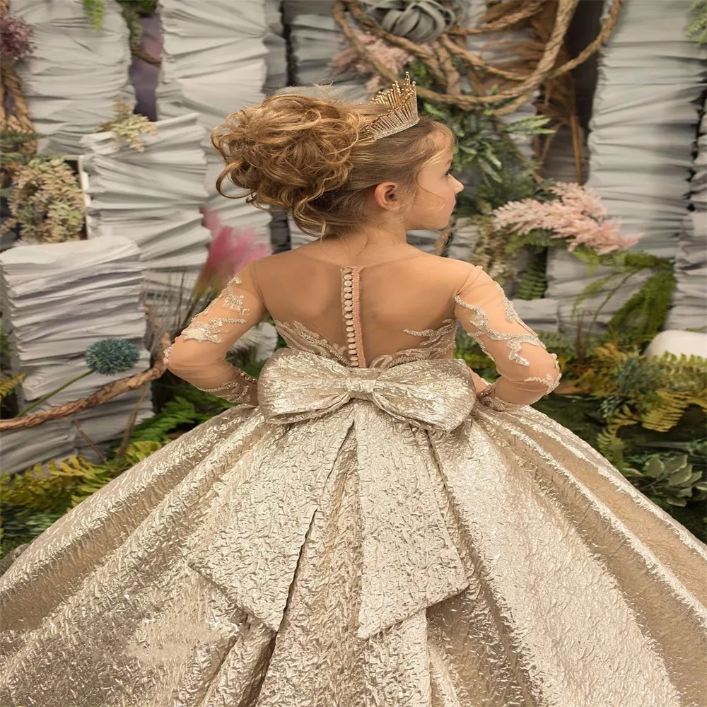 Fluffy Long Fantasy Sleeve Bow Belt Flower Girl Dress Wedding Bridesmaid Birthday Celebration Eucharist Dress Golden Luxury