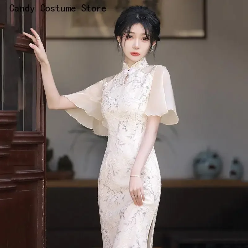 

Retro Stand Collar Party Dresses Cheongsam New Women's Summer Chiffon Elegant Young Chinese Style Women's Dress Qipao Lady