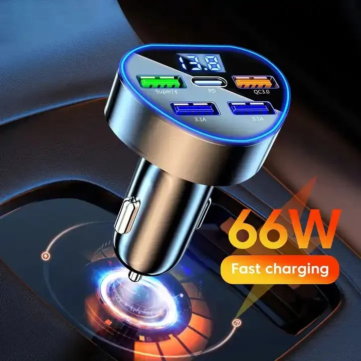 

5 Ports USB Car Charger Fast Charging QC3.0 PD Quick Charge Phone Power Adapter Real Time Voltage Meter 66W 18W VS Dual USB