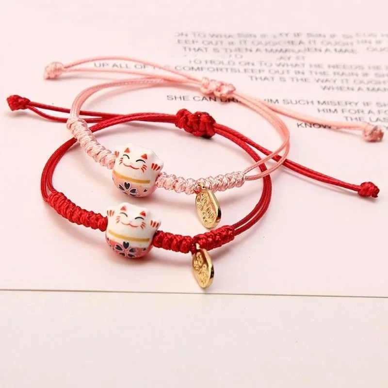 Ceramic Lucky Cat Braided Bracelet for Women Cute Animal Kitten Hand-woven Adjustable Bangles Party Harajuku Jewelry Gift