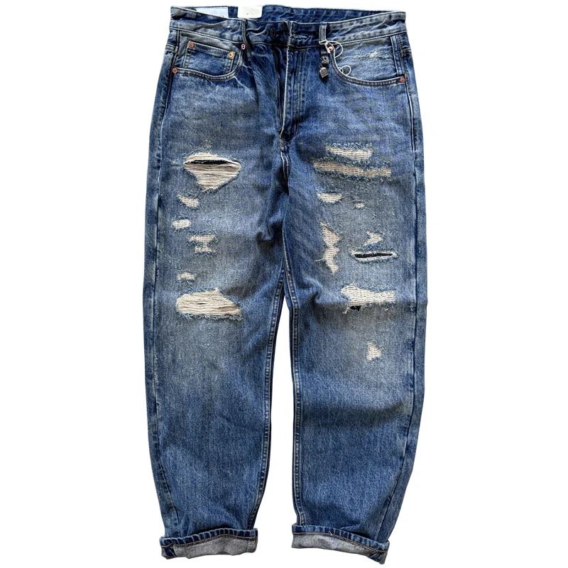 14oz High Quality Ripped Hole Washed Denim Jeans for Men Spring Autumn Winter Thick Tapered Straight Pants Handsome Cityboys 502