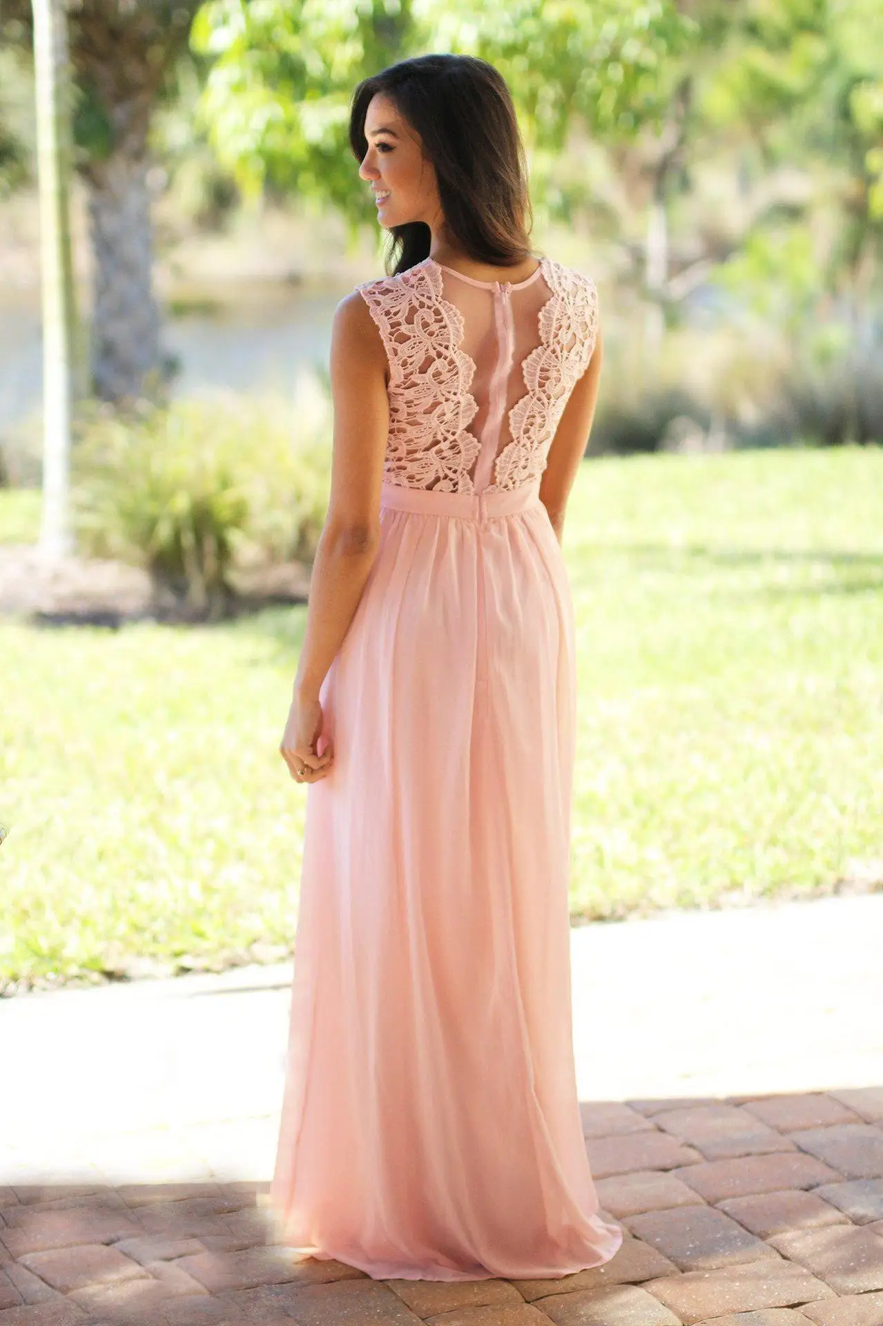 Classic Women Pink Bridesmaid Dresses Elegant Lace Chiffon A Line Illusion Back Maxi Formal Wedding Gust Gowns Formal Evening - 4