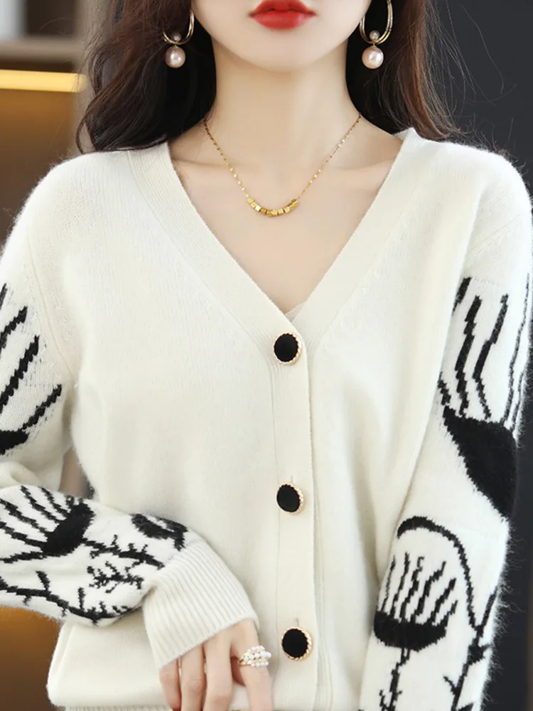 

Women V Neck Print Long-sleeve Knitted Sweater Simple Casual Vintage Cardigan Loose Sweater Korean Basic Tops New 2022