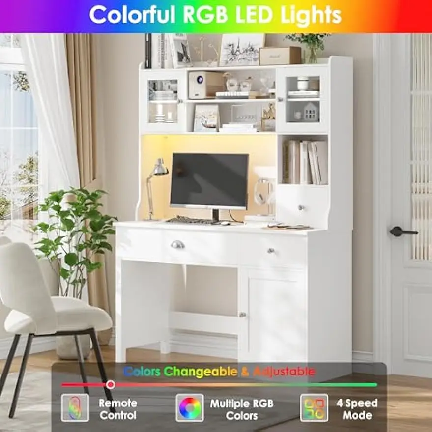Computer Desk with Hutch, White Desk with Drawers and Power Outlet, Study Desk, Writing Desk with 3 Doors and 3 Drawers, Combina 4