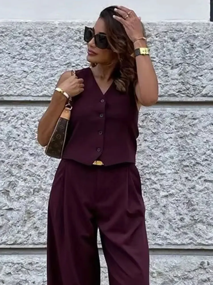 HH Women Fashion Burgundy Vest Single Breasted Sleeveless Vest Top 2025 New Fashion Woman Casual Office Lady Chic Tops